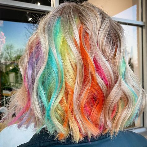 Rainbow Underneath Hair, Fairytale Scenery, Rainbow Hair Highlights, Peak A Boo Hair, Short Rainbow Hair, Hair Lob, Hidden Rainbow Hair, Exotic Hair Color, Mermaid Hair Color