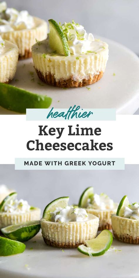 Healthy Dessert Bites, Greek Yogurt Cups, Gluten Free Mini Desserts For Parties, Mini Cheesecakes Healthy, Healthy Key Lime Desserts, Healthy Cheesecake Cups, Key Lime Cheesecake Bites, Key Lime Dessert, Healthy Lime Dessert