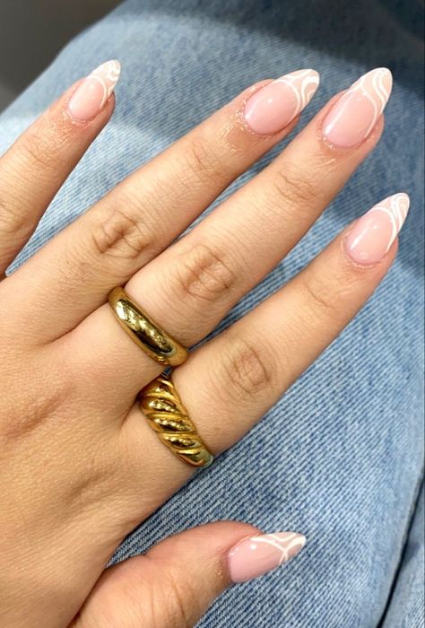 Swirly White French Tip Nails, Swirly Nails French Tip, French Nails With Line Design, Swirly French Nails, White Swirly Nails Almond, French Nails Twist, French Nails With Twist, French Nails Lines, White Swirly Acrylic Nails