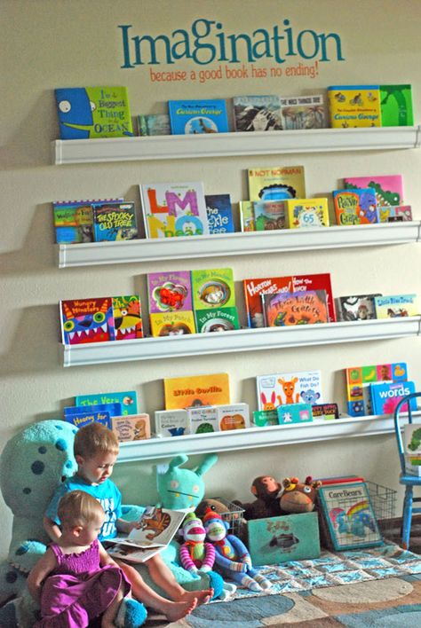 Rain Gutter Book Shelf, Gutter Bookshelf, Kids Book Storage, Rain Gutters, Book Storage, Toy Rooms, Design Guide, Small Room, King Bed