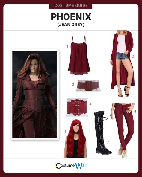 The best costume guide for dressing up like Phoenix. Cosplay Jean Grey-Summers the mutant in Marvel's X-Men comics and movies franchise. Jean Grey Outfit Xmen, Jean Grey Xmen Costume, Wolverine And Jean Grey Costume, X Men Outfits, Jean Gray Costume, Female Superhero Costumes Diy, Villians Costumes, Jean Grey Cosplay, Jean Grey Costume