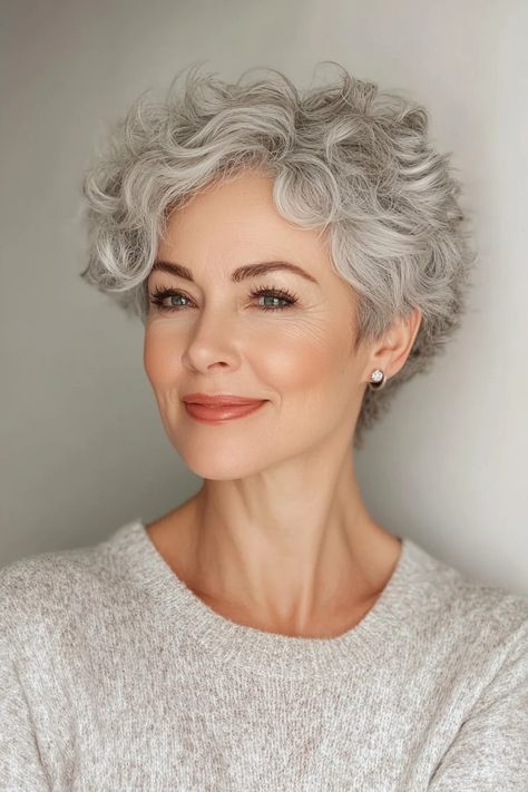 Short Curly Silver Hair Over 50, Pixie Wavy Hairstyles For Women, Short Wavy Bobs For Older Women, Short Curly Grey Hairstyles For Women, Curly Pixie Haircuts Over 50, Short Grey Curly Hair Natural Curls, How To Style A Curly Pixie, Very Short Hair Styles Easy, Pixie Permed Hair