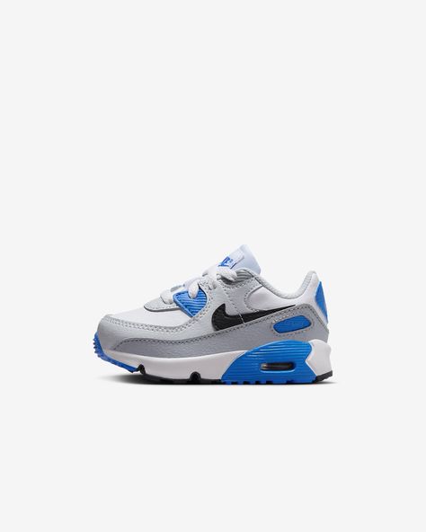 The Nike Air Max 90 takes the original look to a new level with more comfort and flexibility. It keeps the classic Max Air cushioning you know and love. Shown: White/Photo Blue/Pure Platinum/Black Style: CD6868-127 Nike Air Max 90 Ltr, White Photo, Nike Air Max 90, Black Style, Toddler Shoes, Air Max, Nike Air Max, Baby Toddler, Black Fashion