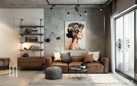 Living Room Industrial Modern, Minimal Industrial Interior, Scandi Industrial Interior, Industrial Family Room, Industrial Living Room Apartment, Living Industrial, Industrial Decor Living Room, Industrial Living Room Design, Industrial Living Room