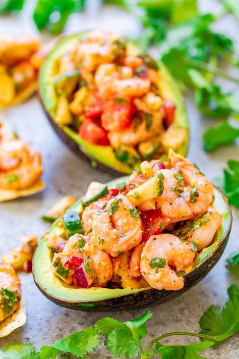 Shrimp Stuffed Avocados - Averie Cooks Avocado Ideas, Leftover Taco Meat, Stuffed Avocados, Shrimp Stuffed, Stuffed Avocado, Averie Cooks, Shrimp Avocado, Shrimp Recipes For Dinner, Taco Meat