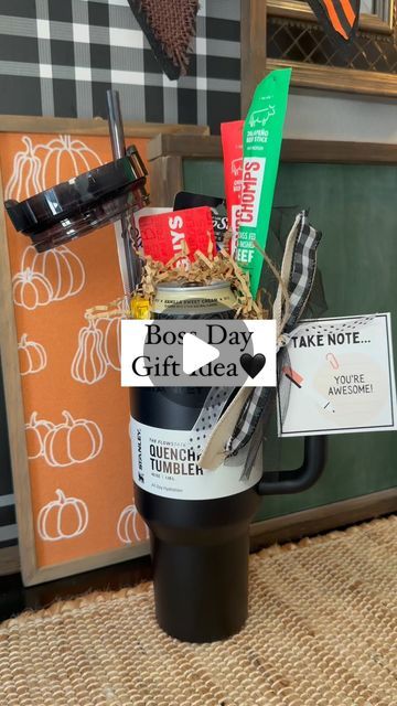 Kaycee Greer on Instagram: "Easy Boss’s Day Gift Idea! Take note you’re awesome!! Filling this new tumbler with a little bit of everything 🖤 Adding a gift card is a fun little touch. Gift it with or without. Happy Gifting!!🖤⭐️ @stanley_brand @chomps @paper_mate 

💫Follow @thegiftstagram for more gift ideas! 
💫Like this post & comment Shop for the links. 

#bossday #gifts #gifting #giftingideas #giftingmadeeasy #giftsforhim #giftideasforhim #gifted #giftgiving #stanleytumbler #officegifts #corporategifts #corporategifting #coworkergifts #coworkergift #giftwrapping #giftguide #giftbasket" Stanley Stuffed Gift, Filled Stanley Cup Gift Ideas, Tumbler Filled Gift Ideas, Yeti Cup Gift Basket Ideas, Stanley Gift Ideas Filled, Stanley Cup Gift Basket Ideas, Stuffed Stanley Cup Gift Ideas, Boss Christmas Gift Ideas Male, Mug Fillers Gift Ideas