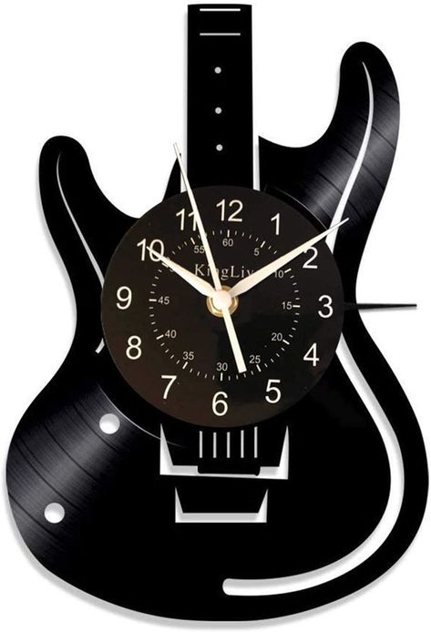 Wall clock made from an upcycled vinyl record cut in the shape of an electric guitar. Guitar Clock, Wall Clock With Pictures, Black Vinyl Record, Clock Decor Ideas, Music Clock, Silver Wall Clock, Vinyl Record Crafts, Wood Clock Design, Gear Wall Clock