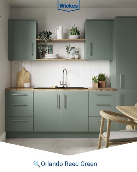 Orlando Reed Green Wickes Lifestyle Kitchen Wickes Kitchen Ideas, Reed Green Kitchen, Wickes Kitchen, Green Kitchen Inspiration, Wickes Kitchens, Flat Kitchen, Flatpack Kitchen, Kitchen Worktop, Kitchen Units