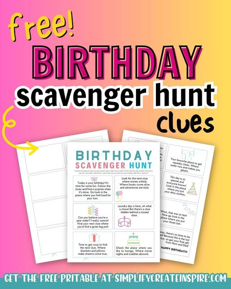 A birthday scavenger hunt is a memorable way to start the day when celebrating a birthday milestone. It adds a little extra excitement to handing over gifts and turns the birthday celebration moment into an experience that kids especially will remember. Free printable birthday scavenger hunt clues. Birthday scavenger hunt ideas. Birthday treasure hunt clues for in the house. Fun birthday treasure hunt ideas. Birthday Scavenger Hunt For Adults Clues, Birthday Party Scavenger Hunt Kids, Birthday Scavenger Hunt For Teens, Birthday Gift Scavenger Hunt Clues, Birthday Scavenger Hunt Kids, Printable Scavenger Hunt Clues, Birthday Scavenger Hunt Clues, Kids Birthday Morning