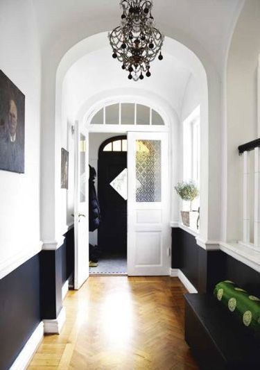 Black And White Hallway, Long Narrow Hallway, Half Painted Walls, White Hallway, Foyer Pendant Lighting, Hal Decor, Foyer Lighting, Hallway Ideas Colour, Room Color Schemes