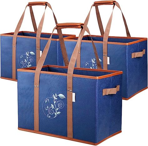 Liviable Reusable Grocery Shopping Bags, Foldable, Heavy Duty Tote, Box Bags with Long Handles and Solid Bottom, Large - Set of 3, Navy Blue Souvenir Bags, Box Bags, Grocery Shopping Bags, Trunk Organization, Gift Totes, Beach Trips, Store Organization, Food Container, Reusable Shopping Bags