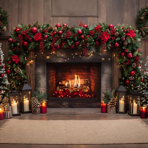 Houses Christmas Decorations, Classic Christmas Fireplace Decor, Christmas Fireplace Backdrop, Navy And Orange Christmas Decor, Christmas Rose Arrangement, Red And Silver Christmas Decorations, Fireplace Decorations For Christmas, Fireplace Mantel Decor Christmas, Elegant Christmas Decorations Classy