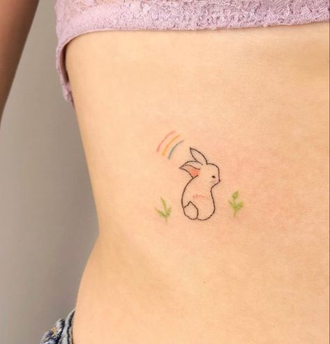 Colorful cute rabbit tattoo / Rainbow / green leaves / little tattoo ideas Cute Rabbit Tattoo, Little Tattoo Ideas, Rainbow Tattoo, Rabbit Tattoo, Rabbit Tattoos, Cute Rabbit, Little Tattoos, Print Tattoos, Infinity Tattoo