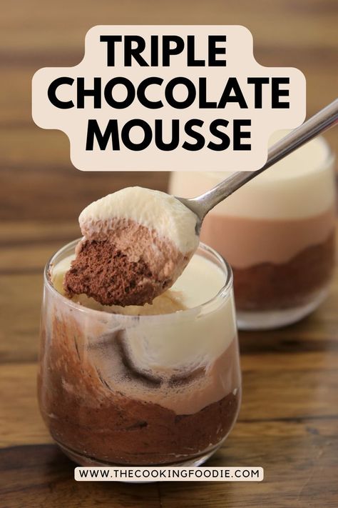 These triple chocolate mousse recipe is the dream of every chocolate lover. This mousse is eggless and requires only 3 types of chocolate and cream, that’s it! No eggs and no difficult techniques. 3 layers of smooth and creamy mousse; dark chocolate, milk chocolate and white chocolate. This triple chocolate mousse in a glass is a perfect dessert for parties, birthdays, Valentine's day, holidays and any other occasion. Milk Chocolate Mousse Recipe, Triple Chocolate Mousse Cups, Triple Chocolate Mousse Cake Recipe, Three Chocolate Mousse Cake, Hot Chocolate Mousse, Easy Chocolate Mousse Recipe 2 Ingredients, French Chocolate Mousse Recipe, Choclate Mousse, Milk Chocolate Mousse