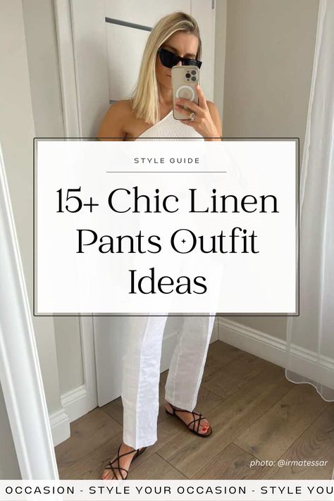 Looking for the perfect effortless summer outfits? We’ve put together a linen style guide, complete with 15+ linen pants outfit ideas from top fashion it-girls, to show you how to style linen pants for summer and spring. We have wide leg linen pants outfits, beige, black and white, linen pants outfit inspiration, and a variety of styles to show you how to style these chic wardrobe basics. Pretty outfits, quiet luxury style, coastal grandmother aesthetic. photo credit: @irmatessar White Linen Pants Outfit 2023, How To Style White Wide Leg Pants, Tops To Go With Linen Pants, Chic Linen Pants Outfit, White Linen Night Outfit, Women’s Linen Pants Outfit, Straight Leg Linen Pants Outfit, Quince Linen Pants, How To Dress Up Linen Pants