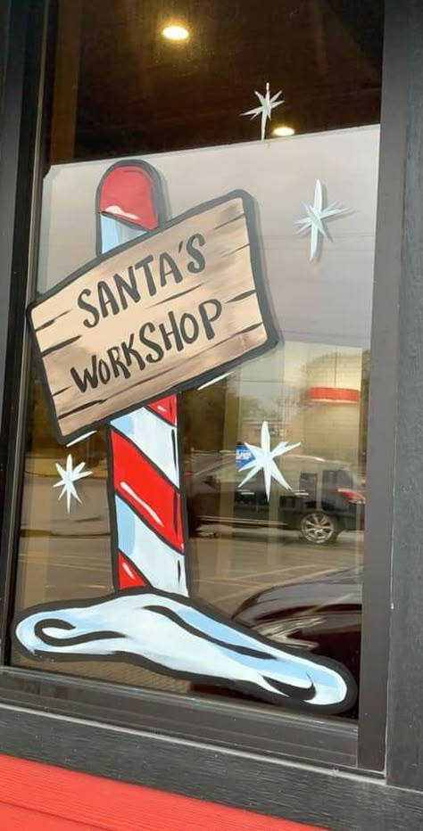 Christmas Wall Painting Ideas, School Santa Shop Decorating Ideas, Store Front Christmas Window Painting, North Pole Window Display, Christmas Classroom Window Decorations, North Pole Window Painting, Christmas Store Window Painting, Santa's Workshop Window Display, Santa Window Art