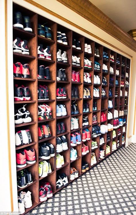 Wall-to-wall: The 40-year-old rapper has several large closets featuring many rare Air Jordans and other trainers Jordan Wardrobe, Sneakerhead Room, Sneaker Closet, Sneaker Storage, Shoe Room, Rick Ross, Large Closet, Dream Closets, Modern Shoes