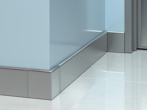 Protek Patterned Stainless Steel Baseboard Metal Baseboard, Stainless Steel Wall, Steel Wall, Baseboards, Color Textures, Wood Grain, Interior Design, Stainless Steel, Wall