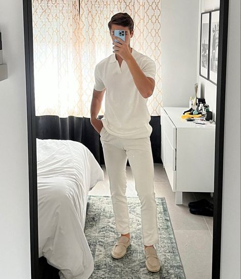 Wealthy Aesthetic Outfit Men, All White Guys Outfit, Men White Polo Outfit, Mens Modest Fashion, Gen Z Aesthetic Fashion Men, Mens White Outfit Classy, Men’s Nice Casual Outfit, Polo Button Up Outfit Men, Men’s White Outfit