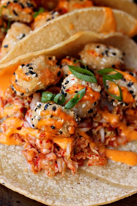 Vegetarian Korean Recipes, Korean Slaw, Vegan Korean Recipes, Gochujang Aioli, Sesame Crusted Tofu, Korean Veggies, Vegan Korean Food, Koreansk Mad, Crusted Tofu