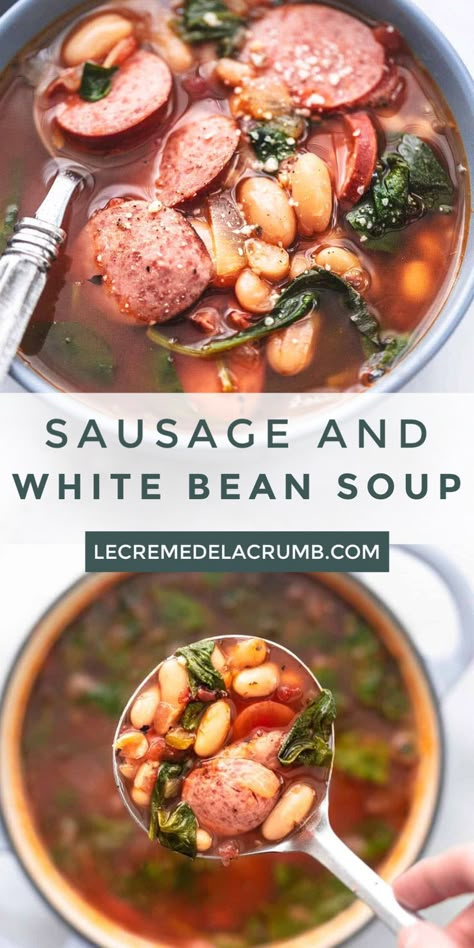 Sausage and White Bean Soup is an easy and deliciously filling combination of cannellini beans, onions, garlic, roasted tomatoes, kielbasa, and lots of Italian herbs and spices that bring it all together. | lecremedelacrumb.com #souprecipes #comfortfood #sausage #whitebean #easy #sidedish #maindish Keilbasa Recipes Soup White Beans, Soup Recipes With Sausage, Apocalypse Recipes, Sausage Kale White Bean Soup, Recipes With Sausage, Sausage And White Bean Soup, Kale White Bean Soup, Aldi Meals, Kale White Bean