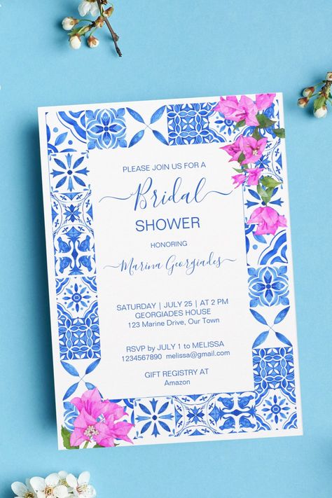 Blue Tiles Bougainvillea elegant bridal shower Invitation template instant download Rehearsal Dinner Themes, August Baby, Bella Bridal, Party Tables, Prom 2024, Modern Bridal Shower, Elegant Baby Shower, Elegant Bridal Shower, Pink Bridal Shower