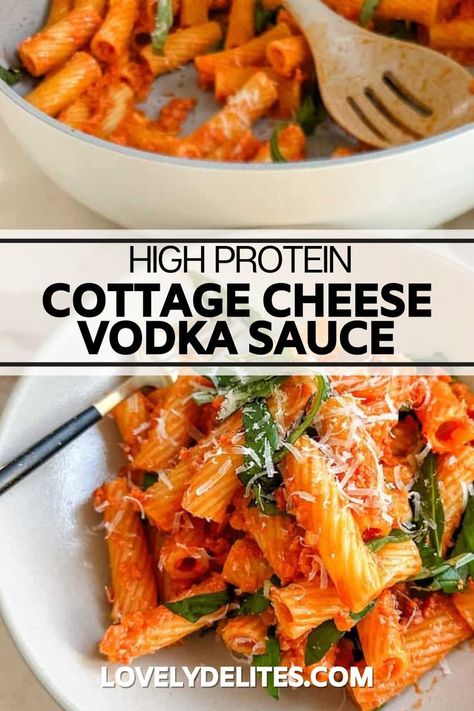 How to make a high protein Cottage Cheese Vodka Sauce. Add protein to a classic tomato cream vodka sauce with my Cottage Cheese Vodka Sauce recipe. Easy to make and so delicious. Perfect to serve over pasta on a cold night. Healthy Vodka Sauce Recipe, High Protein Marinara Sauce, Protein Vodka Pasta, High Protein Vodka Pasta, Cottage Cheese Vodka Pasta Sauce, Cottage Cheese Tomato Sauce, Cottage Cheese Chicken Pasta, Cottage Cheese Vodka Sauce, Healthy Vodka Pasta