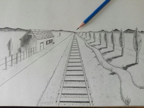 Point One Perspective Railway track, House 2 Point Perspective Drawing, Railway Track, One Point Perspective, Forest Trail, Point Perspective, Perspective Art, Perspective Drawing, Drawings Simple, Art Drawings Simple