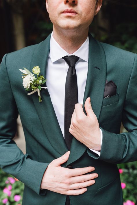 Logan wore a rich emerald green suit, while Daniel complemented his in a smooth classic blue suit, with their bridal party matching in coordinating colors. #weddings #weddingcolors #weddingsuit #groom Emerald Green Groom Suit, Emerald Green Groomsmen, Emerald Green Suit, Forest Green Suit, Green Groomsmen, Classic Blue Suit, Green Suit Men, Green Wedding Suit, Dark Green Wedding