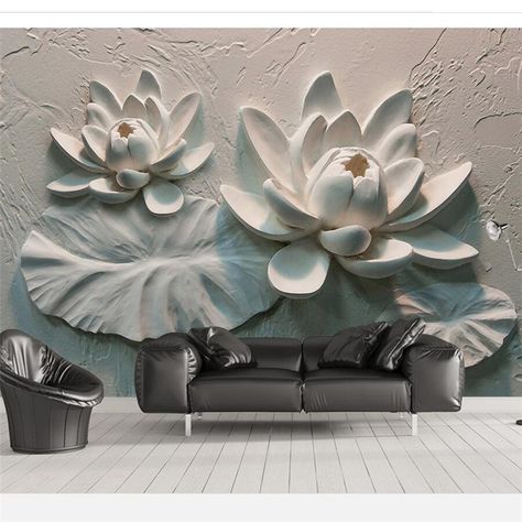 Relief Wallpaper, Lotus Flower Wallpaper, Lotus Sculpture, Lotus Wallpaper, 3d Wall Decor, Kids Wall Decor, Plaster Art, Mural Floral, Watercolor Wallpaper