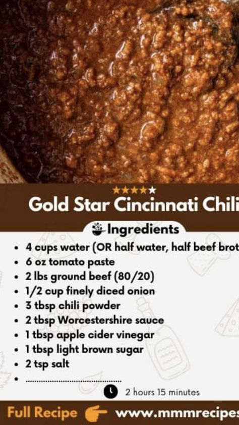 Gold Star Chili Recipe, Cincinatti Chili, Classic Chili Recipe, Cincinnati Chili, Kitchen Witch Recipes, Beef Meals, Traditional Chili, Best Chili Recipe, Chili Ingredients