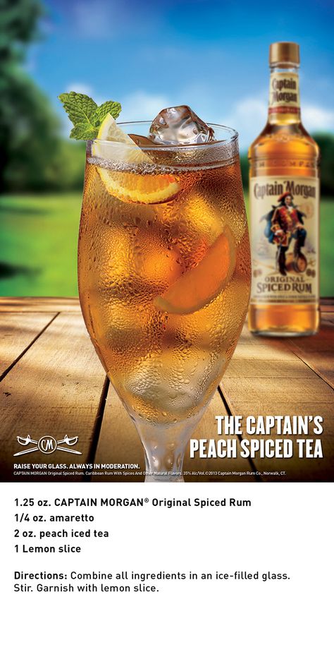 The Captain's Peach Spiced Tea with Captain Morgan Original Spiced Rum is a simple, delicious cocktail to spice up your summer. Captain Morgan Drinks Spiced Rum, Spiced Rum Drinks, Spiced Rum Cocktails, Peach Rum, Cocktail Recipes Tequila, Spiced Tea, Cocktail Recipes Whiskey, Rum Cocktail Recipes, Rum Recipes