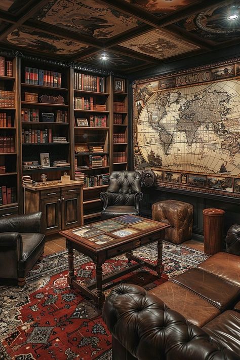 29 Dark Academia Decor Ideas to Enrich Your Home with Scholarly Charm 13 Dark Academia Gaming Room, Night Table Aesthetic, Detective Room, Moody Lounge, Study Theme, Modern Night Table, Puzzle Room, Moody Office, Gothic Dark Academia