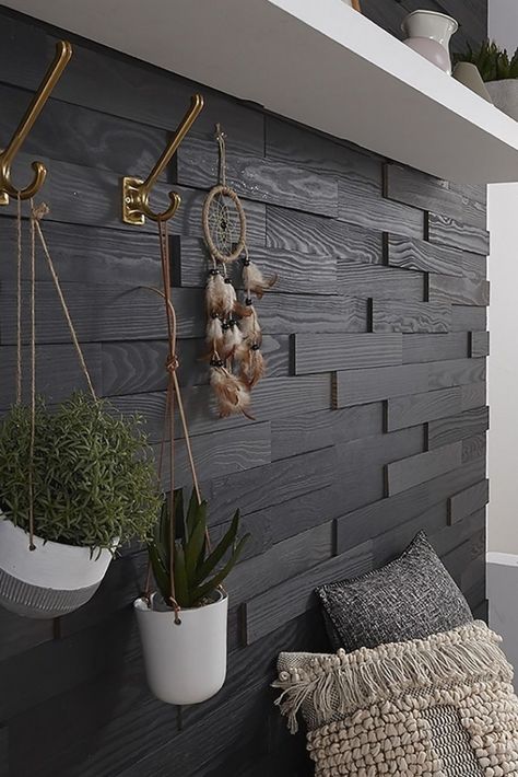 Black wood wall from Timberwall #colorfulhomedecor #homedecor #homedecorideas Black Wood Wall, Accent Wall Designs, Diy Accent Wall, Accent Walls In Living Room, Hallway Ideas Entrance Narrow, Reno Ideas, Wall Ideas, Design Case, Diy Storage