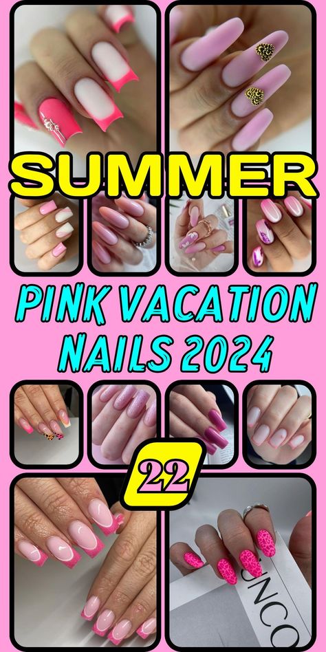 Indulge in our chic pink vacation nails 2024 collection, where each design is crafted to make a statement. These nails range from hot pink to soft pale tones, available in both acrylic and natural styles. Choose from simple, cute looks or explore vibrant designs with white and blue accents to complement your vacation mood. Vacation Nails Pink, Pink Vacation Nails, Pink Vacation, Nail Base Coat, Pink Designs, Summer Nails Beach, Pink Polish, Nail Art Pen, Vacation Nails