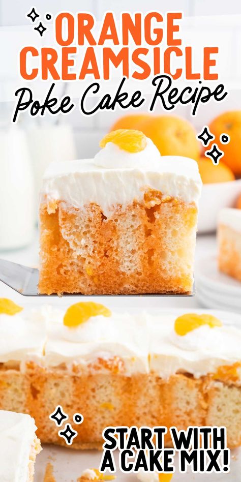 This orange creamsicle poke cake combines citrusy orange jello, creamy pudding, and moist cake for a delightful summery dessert. Orange Sherbet Cake, Orange Poke Cake, Creamsicle Poke Cake, Orange Dreamsicle Cake Recipe, Dreamsicle Cake Recipe, Dessert Potluck, Orange Creamsicle Cake, Creamsicle Cake, Poke Cake Recipe