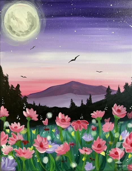 Events | Painting Party in Lakewood, CA | Painting with a Twist Moon And Flower Painting, Purple Sky Acrylic Painting, Cherry Blossom Moon Painting, Purple Sky Canvas Painting, Pink And Purple Flowers Painting, Painting With A Twist, Painting Party, Paint Party, Twist