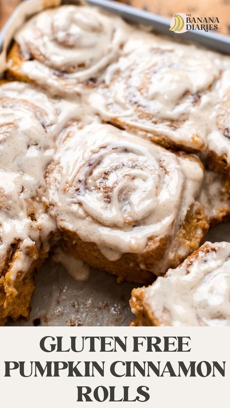 These soft and plush gluten free pumpkin cinnamon rolls are full of fall flavor and just as pillowy as their gluten counterparts! Made entirely dairy free and eggless and topped with a silky dairy free cream cheese icing! Gluten Free Pumpkin Cinnamon Rolls, Gluten Free Flours, Aip Recipe, Autumn Baking, Healthy Oatmeal Recipes, Plant Based Recipes Breakfast, Vegan Pumpkin Recipes, Dairy Free Cream Cheese, Vegan Cinnamon Rolls