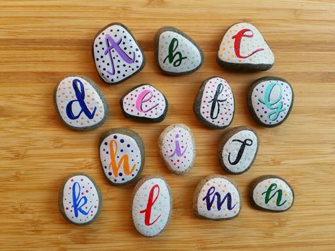 Rock Alphabet, Upcycled Crafts, Painted Rock, Rock Painting, Painted Rocks, Design Crafts, Wall Clock, Alphabet, Coasters