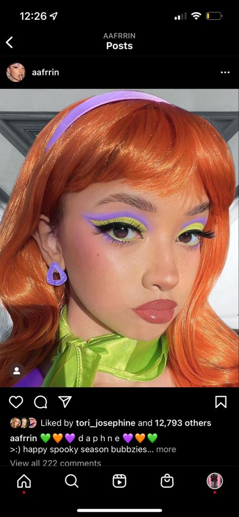 Daphne Blake Costume Ideas, Dafne Costume Ideas, Daphne Inspired Makeup, Scooby Do Makeup, Daphne Diy Costume, Daphne Scooby Doo Makeup, Halloween Costumes With Orange Hair, Daphne Makeup Scooby Doo, Daphne Blake Makeup