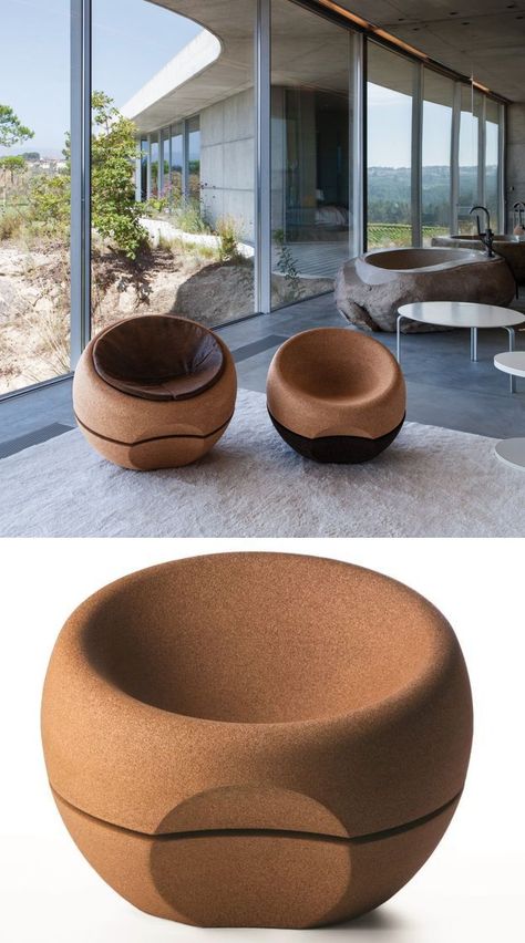 Miguel Arruda has designed a spherical cork chair that won Red Dot Design Award and A ‘Design Award. Cork Furniture Design, Cork Product Design, Cork Interior Design, Biofilic Design, Cork Furniture, Miami Office, Sustainable Furniture Design, Cork Design, Aesthetic Furniture