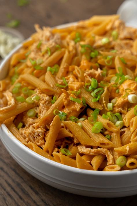 Easy Buffalo Chicken Pasta with Cream Sauce - Oh Snap Macros Pasta With Cream Sauce, Oh Snap Macros, Buffalo Pasta, Hot Spicy Chicken, High Protein Pasta, Cream Sauce Pasta, Easy Buffalo Chicken, Buffalo Chicken Pasta, Protein Pasta