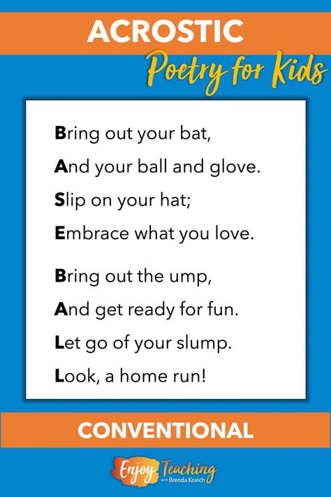 When teaching conventional acrostic poetry to fourth and fifth grade kids, use this poem, which spells "baseball" with the first letters of each line. Read more about teaching poetry on Enjoy-Teaching.com. Acrostic Poem For Kids, Which Spells, Poems For Kids, Abc Patterns, Rhyme Scheme, Teaching Poetry, Poetry For Kids, Acrostic Poem, Word Choice