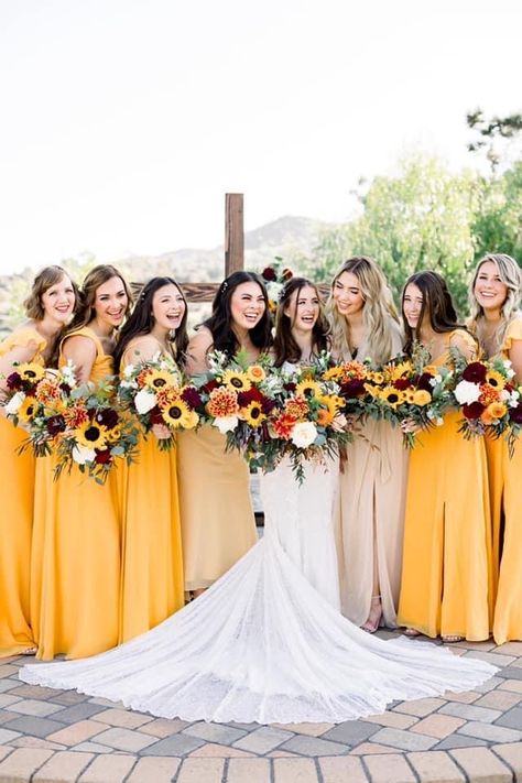 Red And Yellow Themed Wedding, White Sunflower Wedding Dress, Sunflower Wedding Pictures, Sunflower Wedding Colors Fall, Wedding Themes Sunflower Color Schemes, Sunflower Wedding Dress Bridesmaid, Bridesmaid Dresses Yellow Sunflowers, Sun Flower Theme Wedding, Sunflower Wedding Theme Color Schemes Bridesmaid Dresses