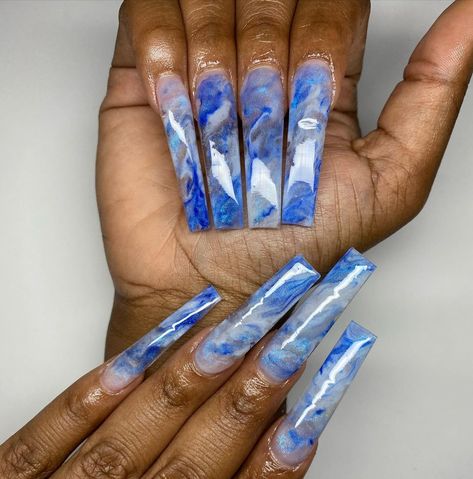 Acrylic Baddie Nails, Blue Marble Nails, Long Square Nails, Water Marble, Long Acrylic Nail Designs, Baddie Nails, Claw Nails, Edgy Nails, Cute Acrylic Nail Designs