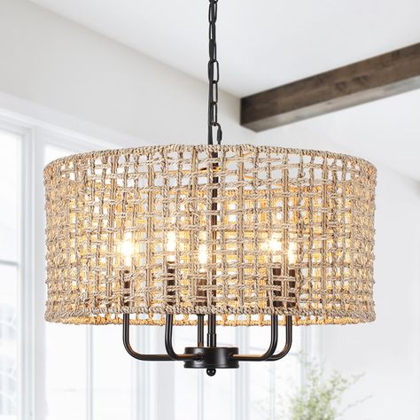 Bay Isle Home Ekkehard 5 - Light Dimmable Drum Chandelier & Reviews | Wayfair Chandelier Natural, Boho Chandelier, Rattan Chandelier, Rattan Shades, Wheel Chandelier, Vintage Style Decorating, Rattan Pendant Light, Candle Style Chandelier, Candle Chandelier