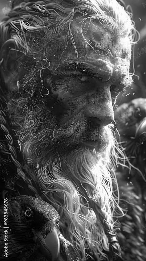 Viking Portrait Tattoo, Odin Tattoo Design, Viking Photography, Viking Portrait, Odin Tattoo, Vikings Statue, Norse Mythology Tattoo, Viking Odin, Vikings Tattoo