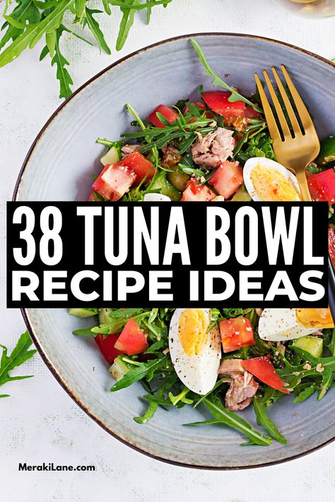 38 Easy and Filling Tuna Bowl Recipes | If you're looking for healthy make ahead dinners and/or packable lunches that leave you feeling full and satisfied, tuna bowls (aka poke bowls) are the perfect option! There are endless ways to make a tuna bowl to suit your palate and dietary needs - canned tuna, seared ahi tuna, and cooked tuna all work! We're sharing meal prep tips and we've curated the best recipes to try -- the spicy tuna bowl is my fav! Tuna Plate Ideas, Tuna Bowl Healthy, Seared Ahi Tuna Poke Bowl, Canned Tuna Poke Bowl, Tuna Protein Bowl, Tuna Bowls Recipe, Tuna Bowl Canned, Canned Tuna Bowl, Tuna Bowl Recipe