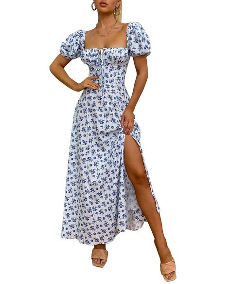 Women's Summer Puff Sleeve Floral Split Maxi Dress Boho Flowy A Line Causal Beach Long Dresses Maxi Dress Flowy, Women Maxi Dresses Summer, Cute Floral Dresses, Long Beach Dress, Casual Party Dresses, Dress Flowy, Split Maxi Dress, High Waist Dress, Flowy Maxi Dress