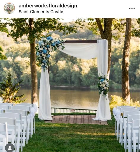 Dusty Blue Wedding Arbor, Dusty Blue Wedding Arch Ideas, Blue Hydrangea Arch Wedding, Dusty Blue And Sage Green Wedding Arch, Wedding Arch With Hydrangeas, Dusty Blue Arch Wedding, Pergola Wedding Arch, Dusty Blue Outdoor Wedding, Blue And White Arbor Flowers